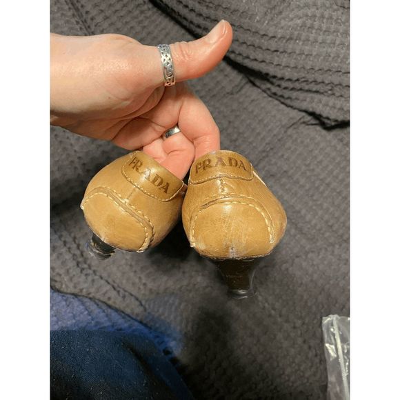 Prada Tan Leather Loafers with Gold Hardware & Kitten Heel, Size 9 - Picture 3 of 9